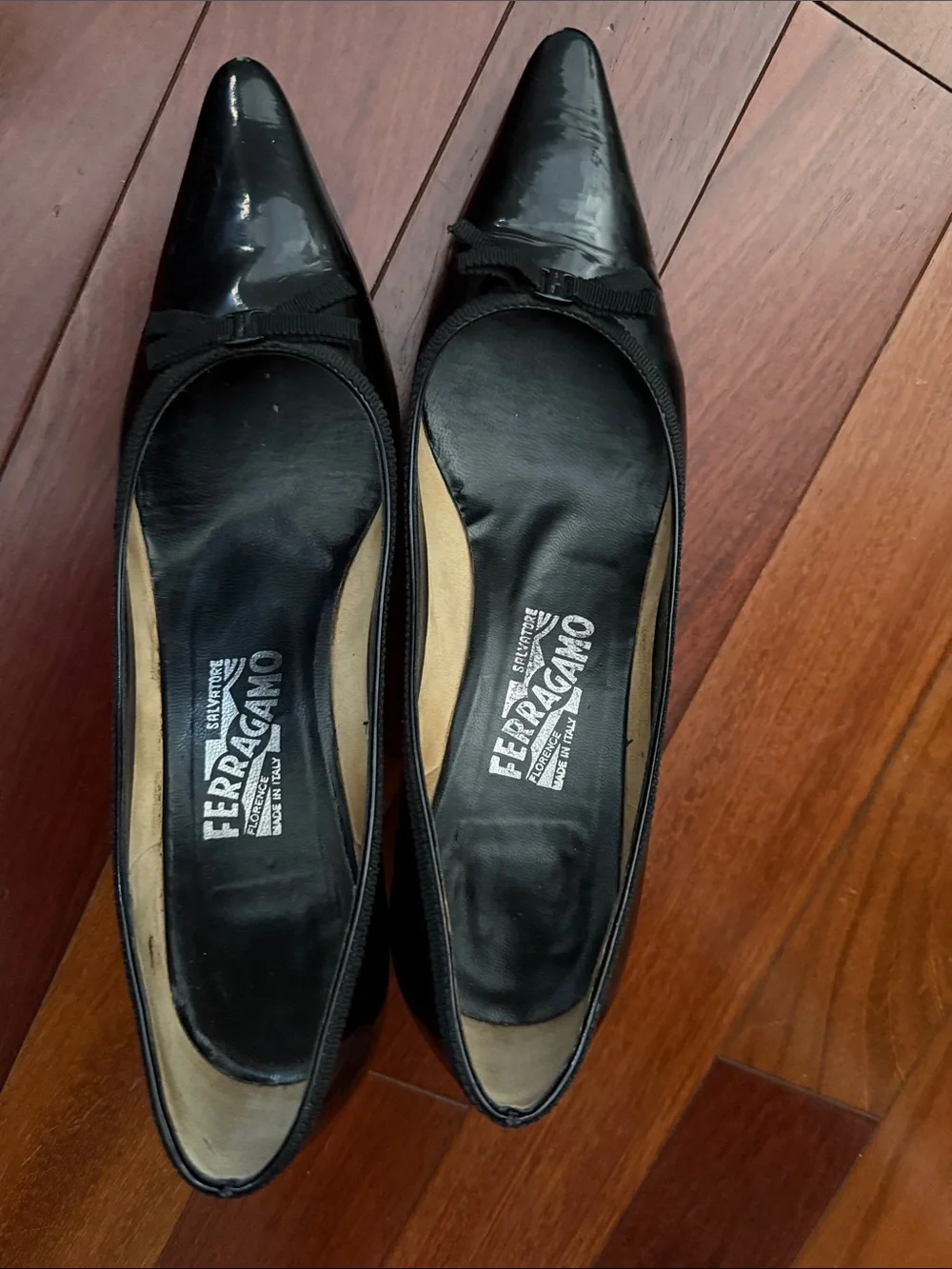 Salvatore Ferragamo Black Patent Pointed Toe Bow Kitten Heels